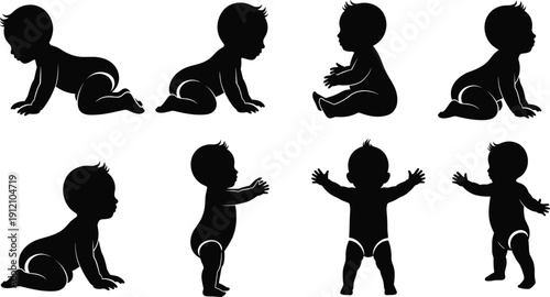 Set of 8 baby silhouettes showing crawling, sitting, standing, and walking stages of infant development and motor skills