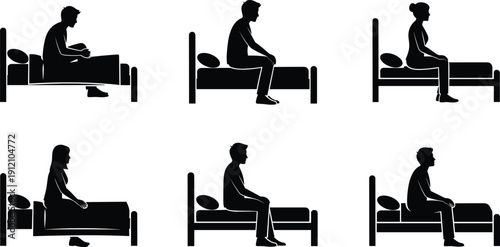 PrintSet of 6 silhouettes of men and women sitting on beds in contemplative postures with pillows visible