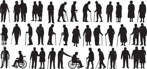 silhouettes elderly people in various poses, including walking with canes, sitting in wheelchairs, and standing. vector illustration