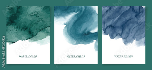 Three watercolor artworks with green and blue hues on a teal background for decorative or design purposes