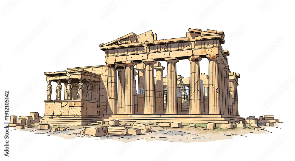 Obraz premium Ancient Greek temple ruins with crumbling columns and steps, a serene landscape illustration