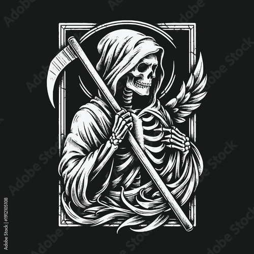 Grim Reapers Embrace: A Hauntingly Beautiful Skeleton Illustration.