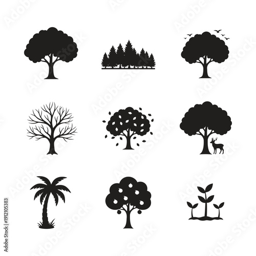 Diverse Tree Silhouette Collection: A collection of various tree silhouettes, each with unique characteristics and shapes, showcases the beauty and diversity of the arboreal world.