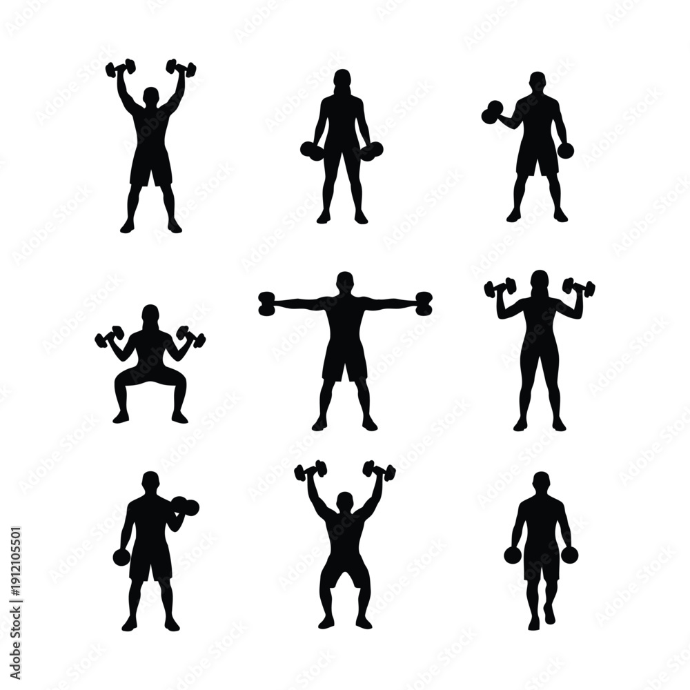 Obraz premium Silhouette Exercise Poses: An artistic collection of silhouette exercise poses, ideal for illustrating fitness routines and body movements in a gym setting.