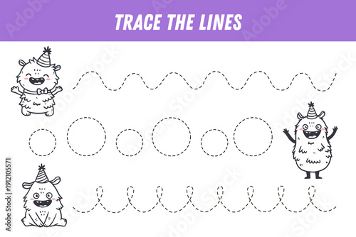 Tracing lines for kids. Cute cartoon monsters. Handwriting practice. Educational game for preschool kids. Activity page. Vector
