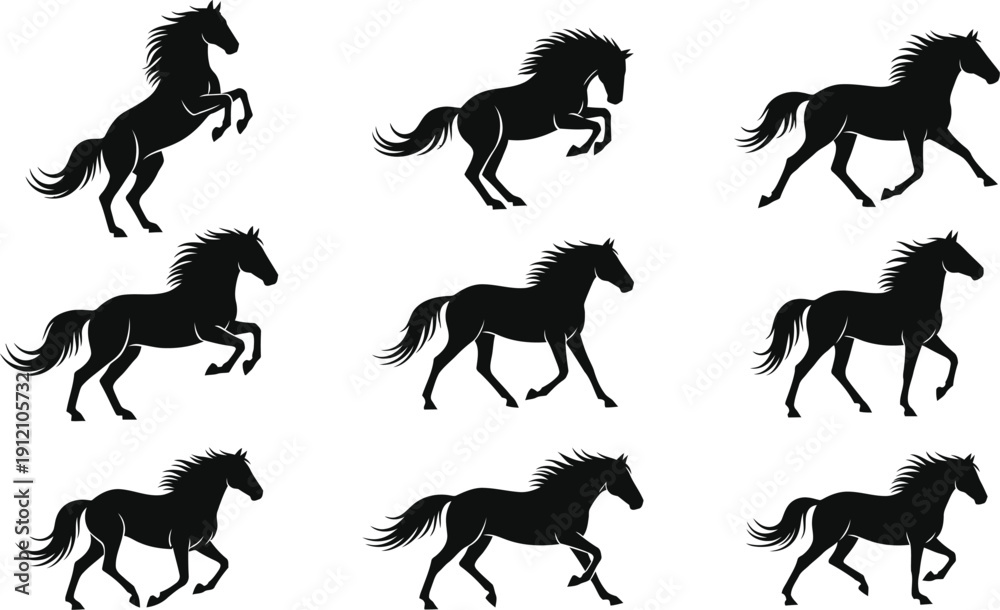 Obraz premium Collection of dynamic horse silhouettes in various running poses