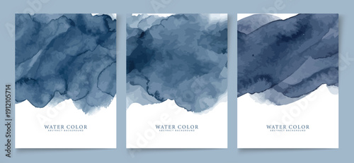 Three blue watercolor artworks on white paper with illegible text on a light blue background for design and creative inspiration