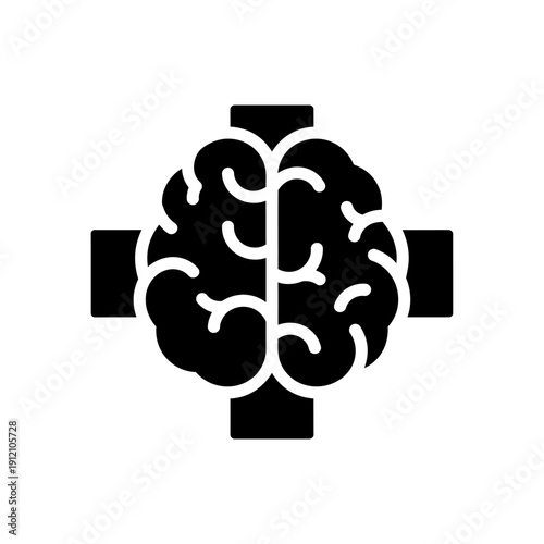 Simple black and white medical brain icon with cross symbol.
