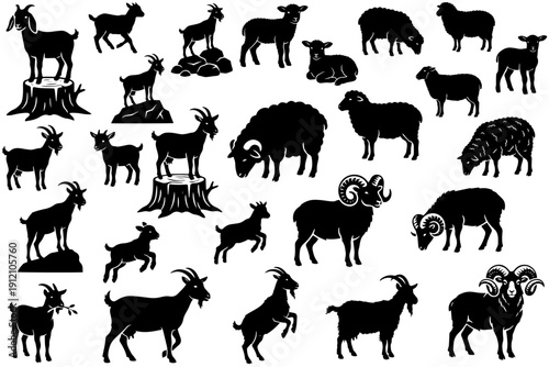 Livestock silhouette vector clipart set with sheep goats rams and lambs for farm branding dairy product packaging and mountain pasture design