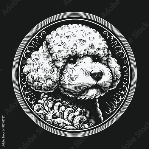 Elegant Poodle Portrait in Engraved Style Circular Design.