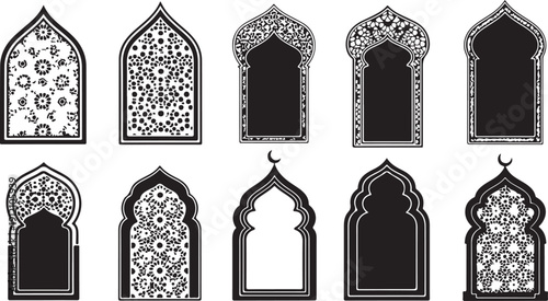 Islamic architectural arch silhouettes featuring diverse traditional middle eastern door and window shapes for decorative design patterns