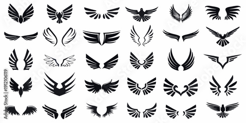 Collection of diverse black wing and chevron shaped graphical elements
