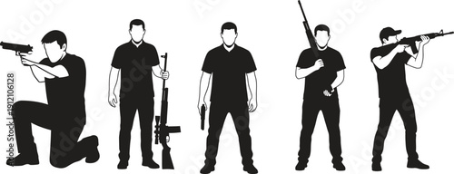 Silhouette of men holding and aiming guns in various combat positions