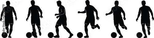 Set of 6 soccer player silhouettes dribbling ball in motion sequence showing athletic technique and dynamic control