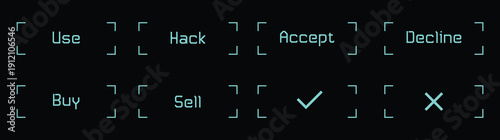 Modern interface with options to use, hack, accept, decline, buy, or sell