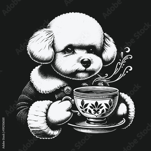 Elegant Poodle Sipping Tea in Winter Apparel.