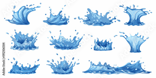Collection of vibrant blue water splashes and droplets in various shapes