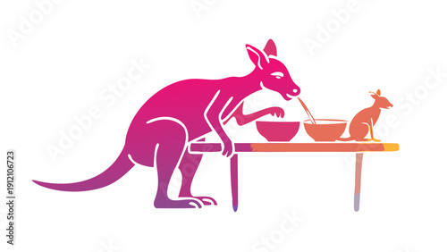 A kangaroo sitting at a table at dawn, eating from a bowl while a baby joey peeks out of the pouch with a spoon.