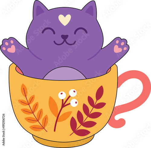 Content purple cat happily relaxing inside a decorative teacup with floral patterns