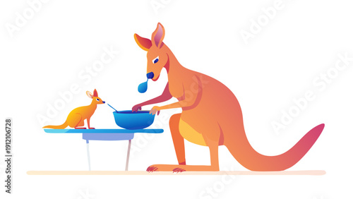 A kangaroo sitting at a table at dawn, eating from a bowl while a baby joey peeks out of the pouch with a spoon.