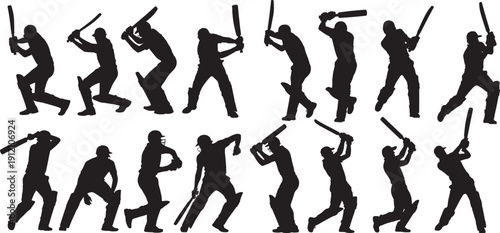Male cricket player silhouette set, cricket silhouette set. collection of cricket player on isolated on isolated white background, vector