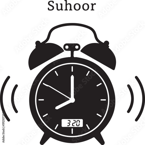 Suhoor alarm clock illustration for ramadan early morning meal reminder with digital time display and ringing bells silhouette art