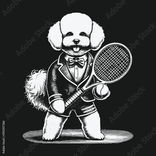 Elegant Bichon Frise Ready for a Tennis Match in Style.