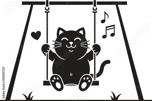 Playful cat swinging happily on swing set with heart and music notes
