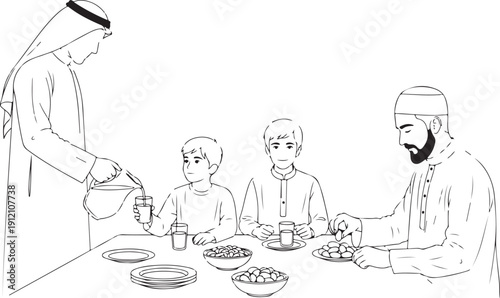 Illustration of an arab family having a meal together, father pouring drink while children and another adult are seated