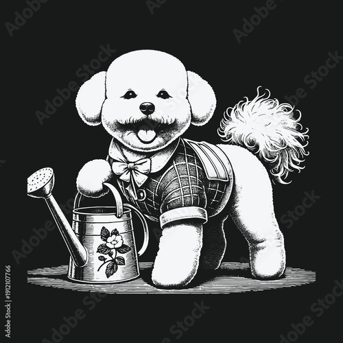 Charming Bichon Frise Gardener with Watering Can Illustration.