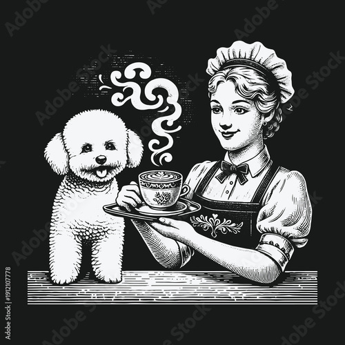 Elegant Vintage Illustration of a Woman Serving Tea to a Bichon Frise.