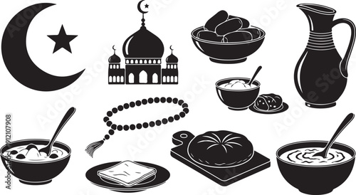 Ramadan food and islamic symbols crescent moon mosque prayer beads dates traditional dishes vector