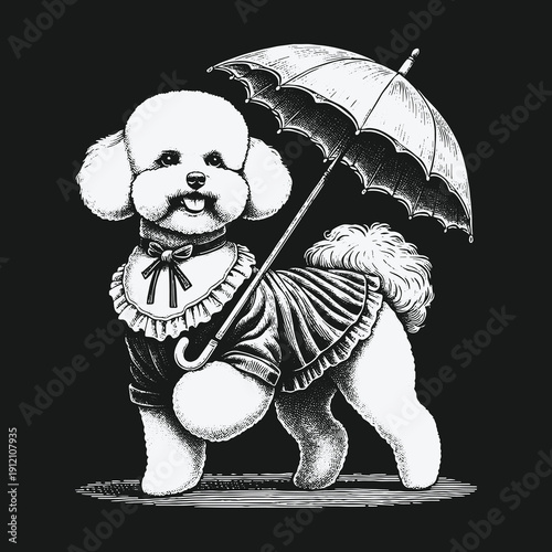 Elegant Poodle Illustration with Umbrella in Black and White.