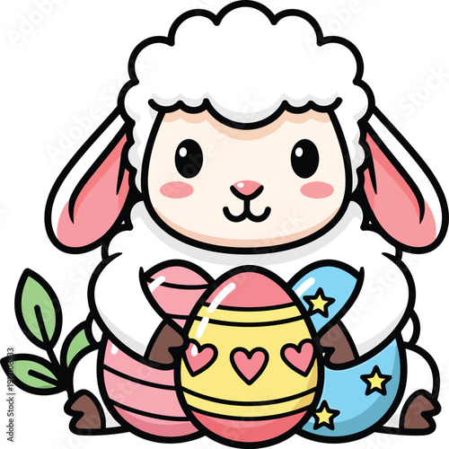 Adorable Cartoon Sheep with Easter Eggs and Leaves lamb