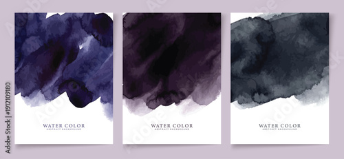 Three watercolor artworks with dark purple and blue hues on white paper with the words 'water color' printed at the bottom of each piece