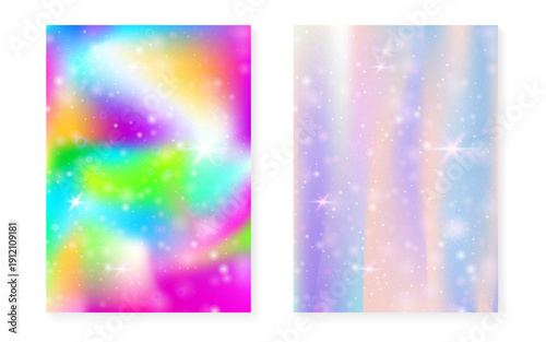 Unicorn background with kawaii magic gradient. Princess rainbow hologram. Holographic fairy set. Stylish fantasy cover. Unicorn background with sparkles and stars for cute girl party invitation.