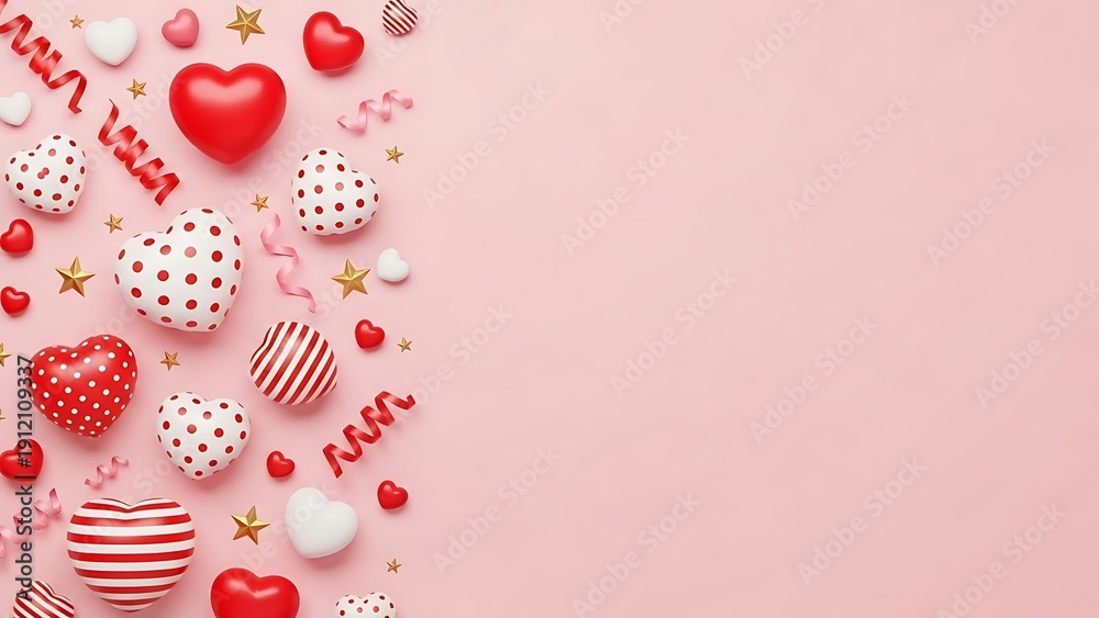 Obraz premium A pink background with various red and white hearts and ornaments on the left side.