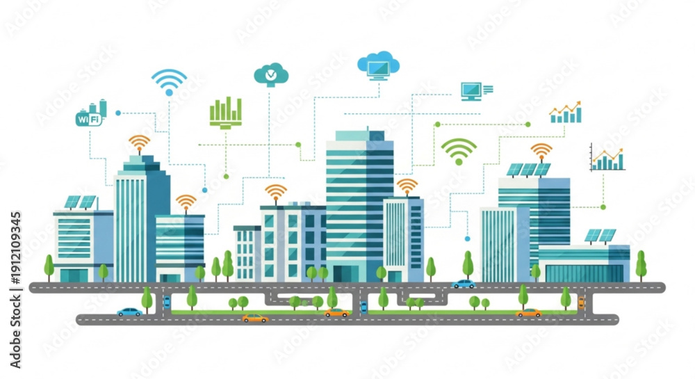 Obraz premium Smart city infrastructure with wireless network connections and modern buildings