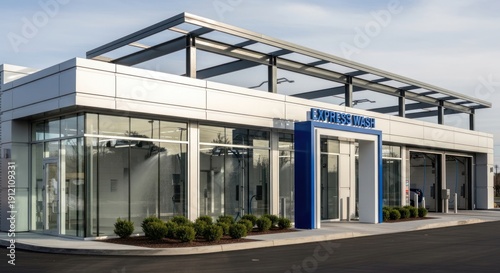 Modern Express Car Wash Building Exterior with Blue Signage