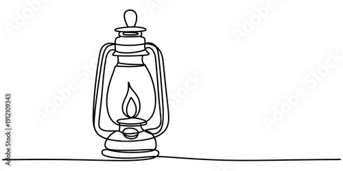 Continuous line drawing of a vintage kerosene lamp with a burning flame on a white background