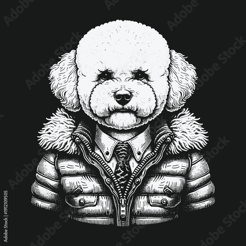 Bichon Frise dog dressed in a winter jacket illustration.