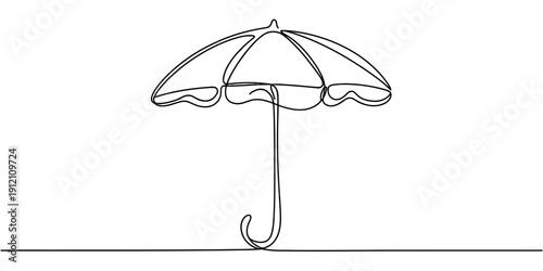 A minimalist continuous line drawing of a classic open umbrella on a white background.