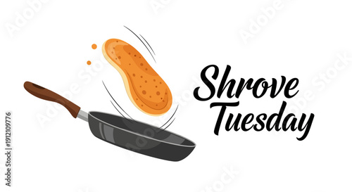 Illustration of a pancake flying out of a frying pan on Shrove Tuesday with text