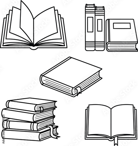 Outline Illustrations Of Open And Closed Books Stacked Books open book stack of books