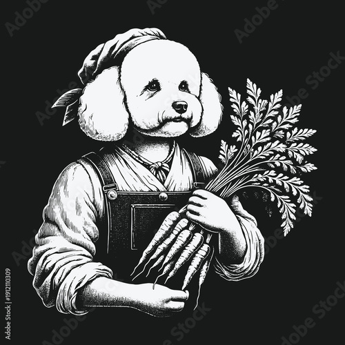 Dog Farmer with Carrots: A Whimsical Harvest Illustration.