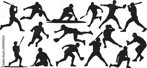 silhouettes of baseball players engaged in various actions.  include batters swinging, pitchers throwing, and fielders diving or catching. vector
