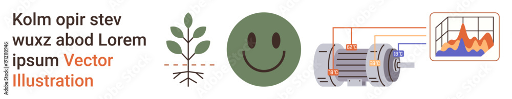 Obraz premium Sustainability, technology, renewable energy, data analysis, eco-design, eco-engineering. A plant, happy face motor system diagram and data chart visualization. Sustainability and technology