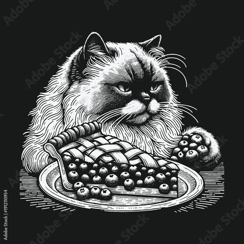 Grumpy Cat Contemplates a Delicious Blueberry Pie Slice.