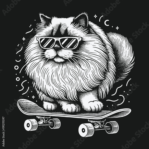 Cool Cat on Skateboard: A Whimsical Black and White Illustration.