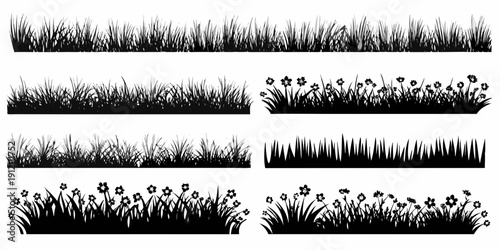 Black and white illustration of various grass and wildflower arrangements
